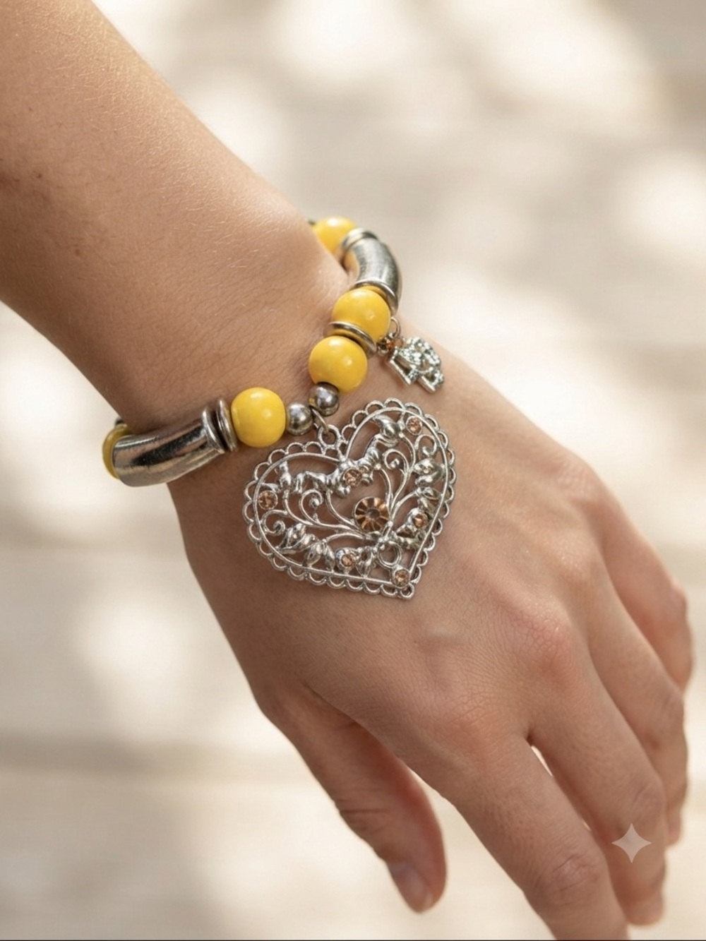 Yellow Beaded Heart Charm Bracelet - Women's Fashion Jewelry